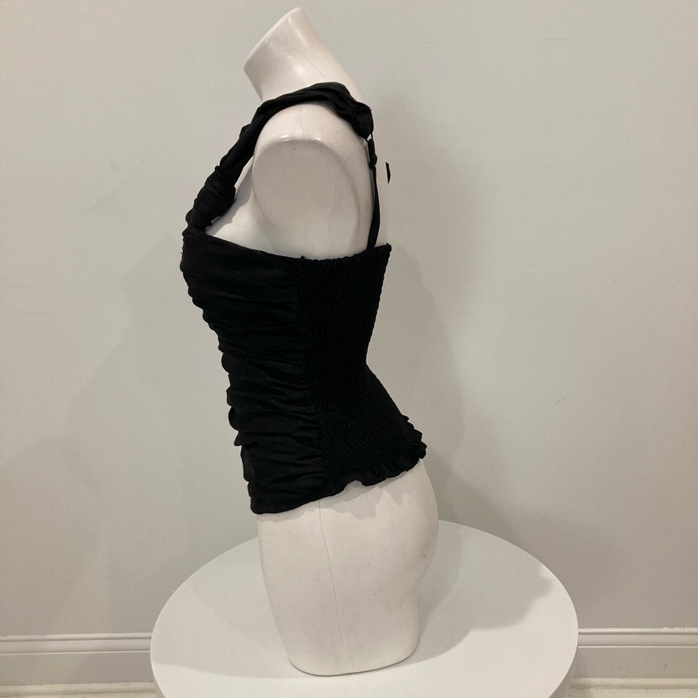 NWOT BEBE Black Ruched Organza Halter Top Ruffled Straps Small - Picture 6 of 16